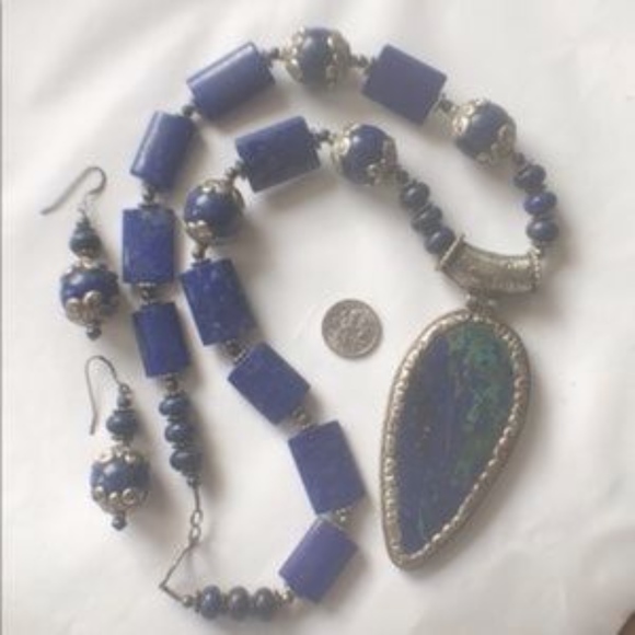 Large Lapis/Chrysocolla Necklace with Earrings - Artisan Handmade - Picture 10 of 14